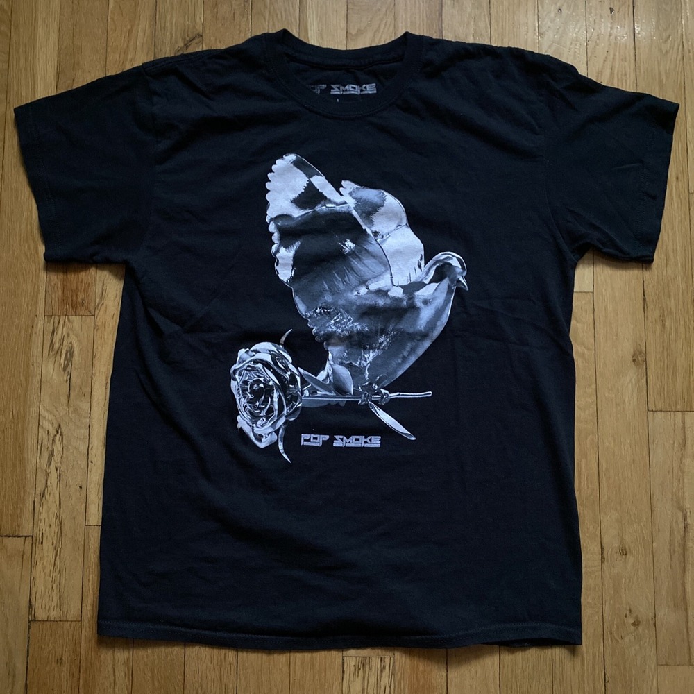 Pop Smoke Shirt Larg Black Short Sleeve Chrome Dove Rose Hip Hop Rapper Graphic